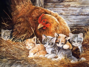 gallina y gatitos Pinturas al óleo